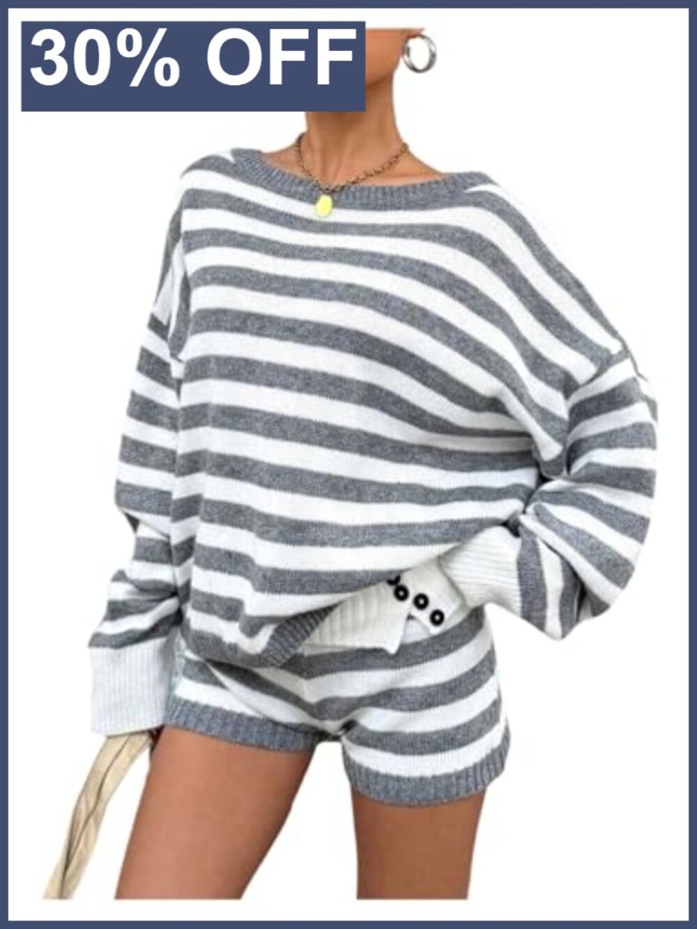 Striped Knit 2 Piece Sweater and Shorts Set Boat Neck Long Sleeve